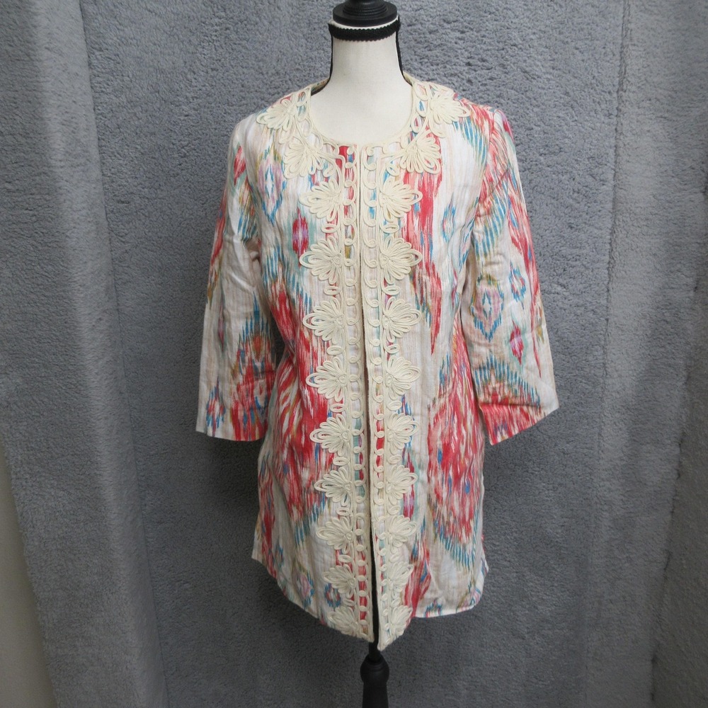 Chicos Linen Ikat Soutache Embroidered Topper Jacket Womens M Cream Boho Artsy